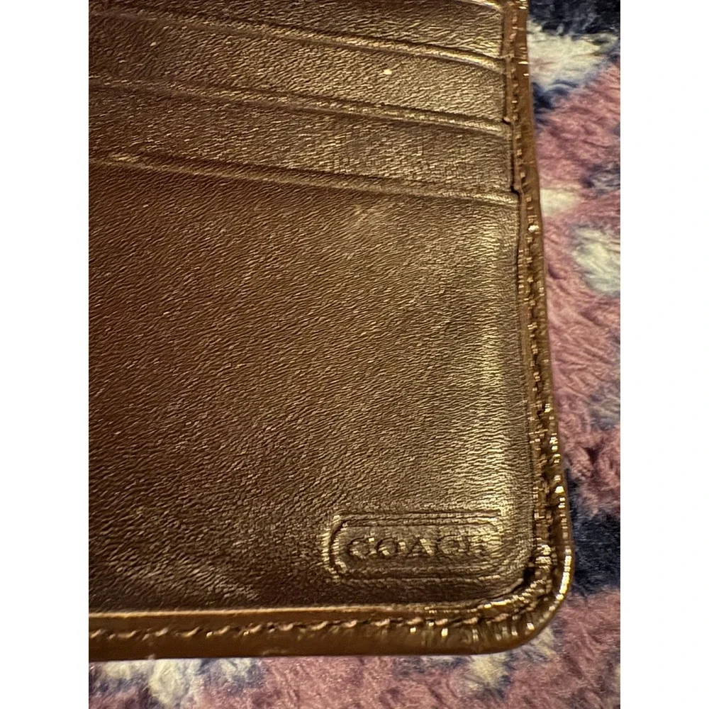 Coach Signature Monogram Bifold Wallet Brown Tan Canvas Leather Zip Accordion‎